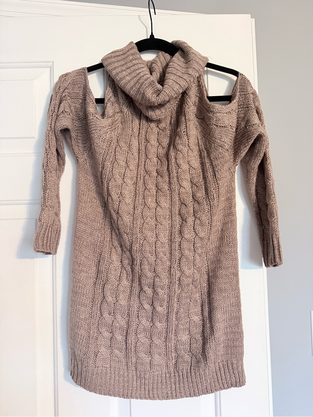 Pink Lily Taupe Cable Knit Cold-Shoulder Turtleneck Sweater Dress